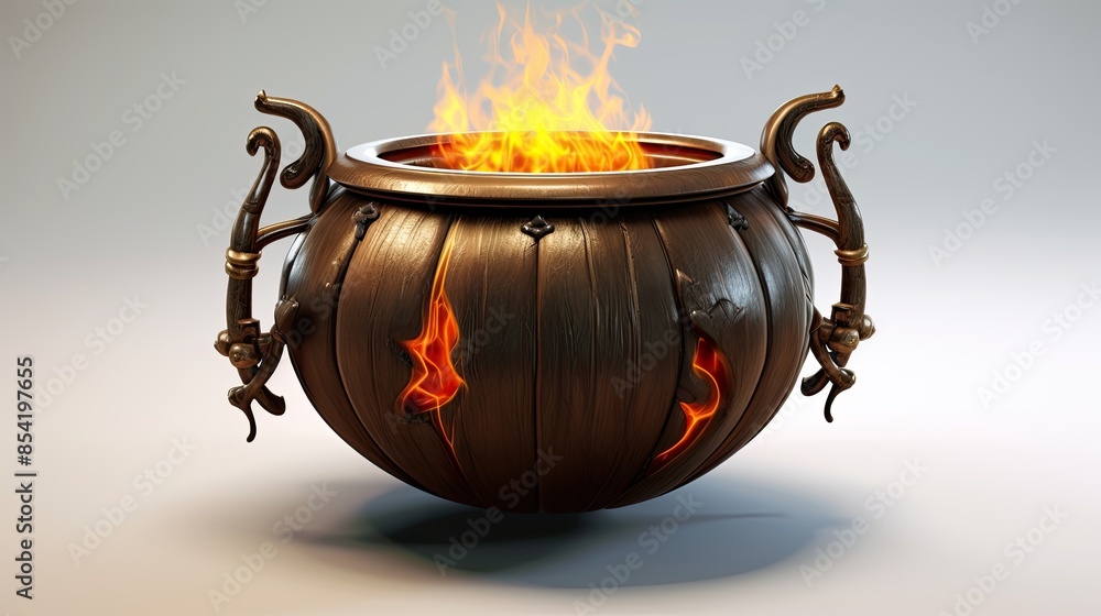 Poster this is a 3d rendering of a cauldron with a fire inside. the cauldron is made of metal and has two h