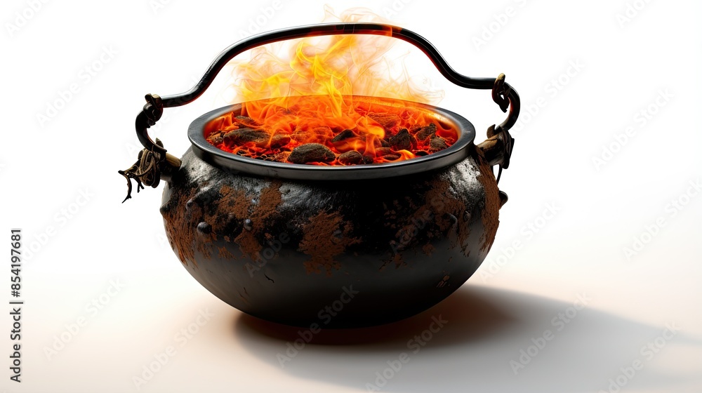 Poster 3d rendering of a black cauldron with a flaming fire inside. the cauldron is made of cast iron and h