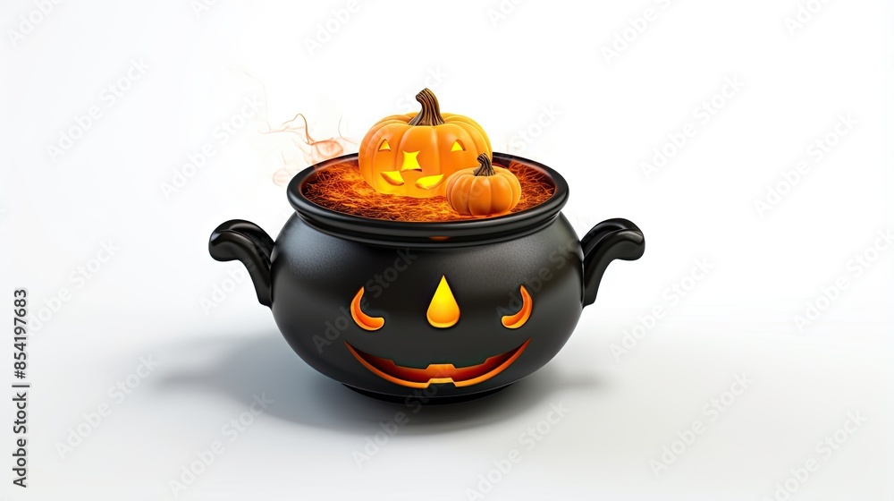 Poster 3d rendering of a cauldron with a glowing jack-o'-lantern inside. the cauldron is black and has a ca
