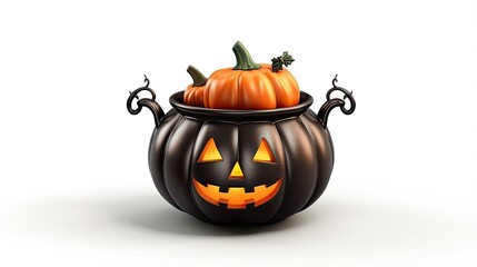 3D rendering of a Halloween pumpkin. The pumpkin is carved with a jack-o-lantern face and has a smaller pumpkin sitting inside it.