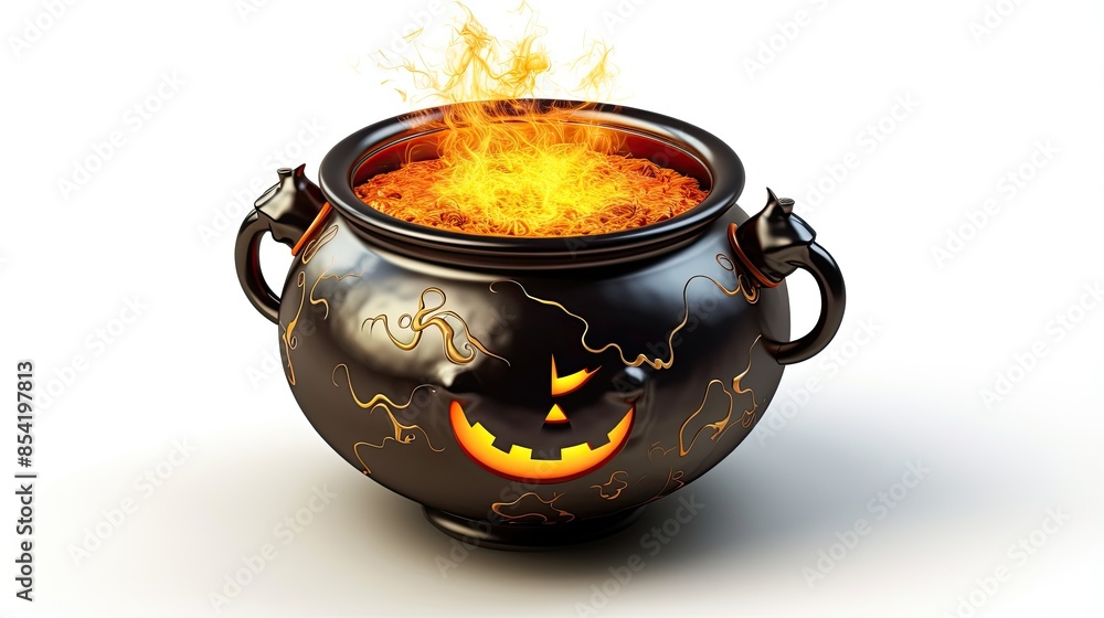 Poster 3d rendering of a black cauldron with a glowing orange flame inside.