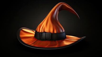 3D rendering of a witch hat. The hat is orange and has a black band around it. The hat is sitting on a black background.