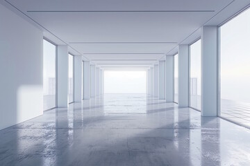 Minimalist white room with floor-to-ceiling windows and polished floor, concept of modern architecture and space for creativity and events