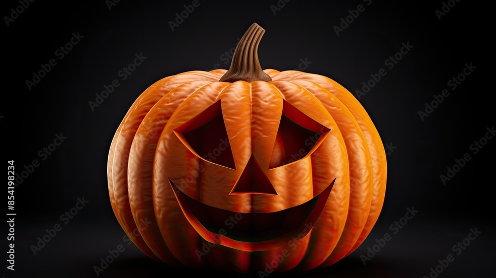 Poster this is a 3d rendering of a jack-o-lantern. it has a carved face with a smile and is lit from the in