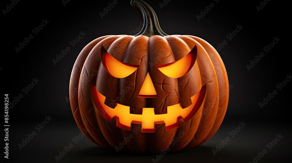 Poster this is a 3d rendering of a jack-o-lantern. it has a carved face with a smile and two teeth. it's li