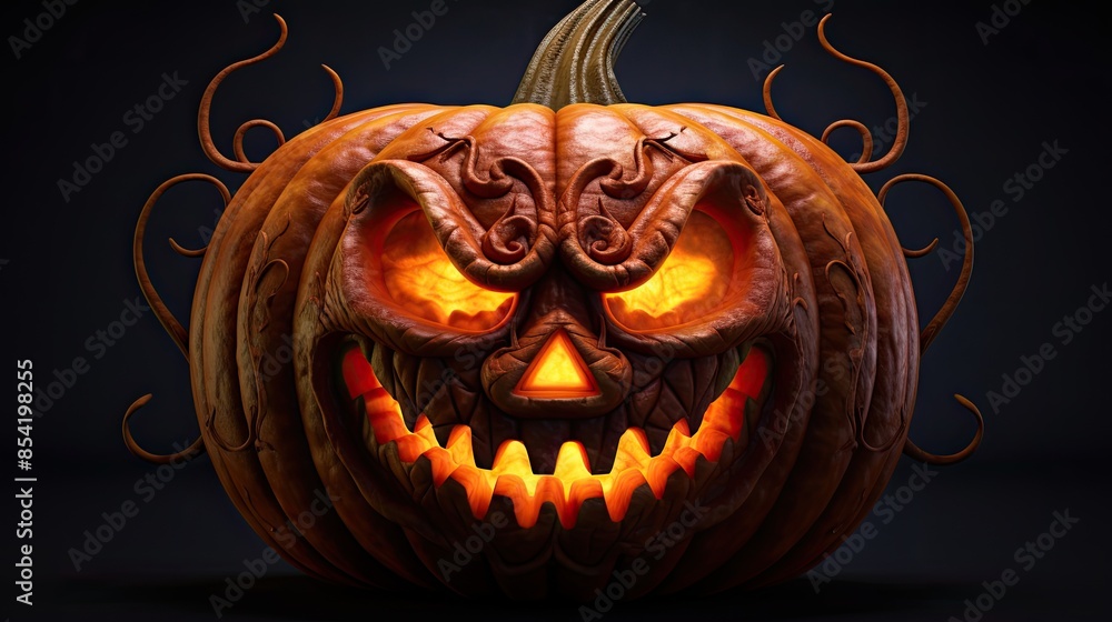 Poster this is a 3d rendering of a jack-o-lantern. the pumpkin has a carved face with a smile and two teeth