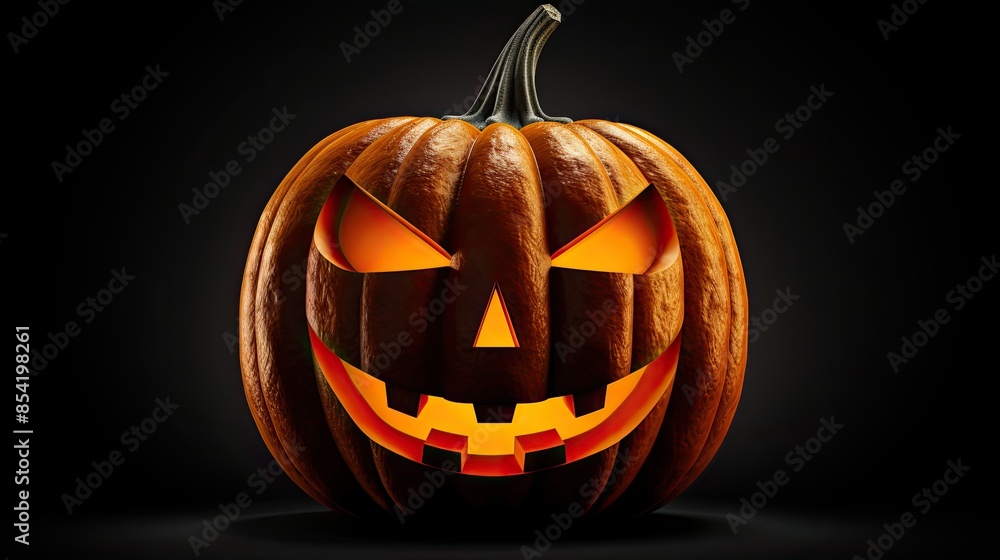 Poster this is a 3d rendering of a jack-o-lantern. it has a carved face with a smile and two teeth.