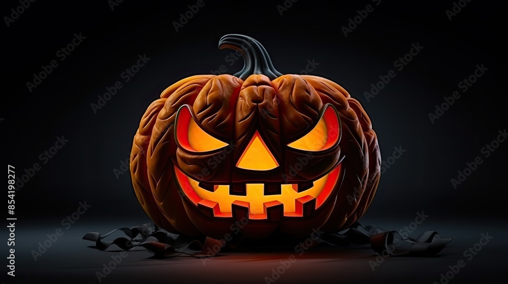 Poster this is a 3d rendering of a jack-o'-lantern. the pumpkin has a carved face with a smile and two teet