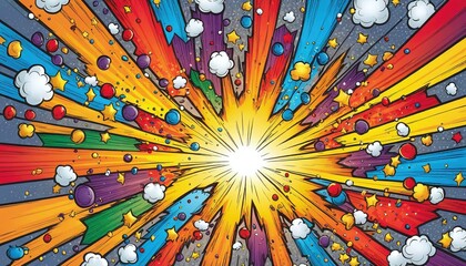 Cartoon-style explosion in pop art and comic style that shoots outwards from the center