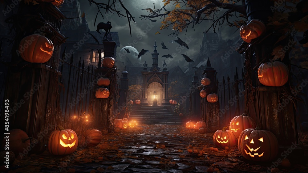Poster mystical scenery of a pathway leading to a castle. the path is illuminated by lanterns and lined wit
