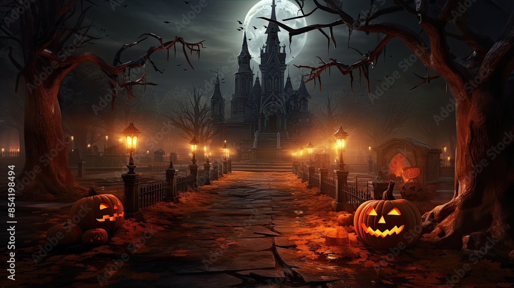 Aufkleber a long and winding path leads to a spooky castle on a hill. the path is lined with jack-o'-lanterns 