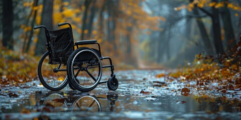 An empty wheelchair is positioned on a serene woodland path on a rainy autumn day with vibrant orange and yellow leaves creating a reflective surface