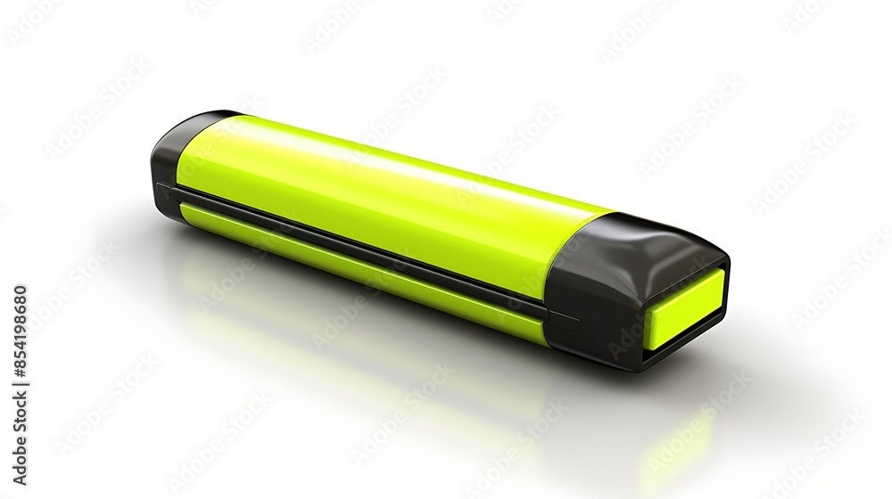 Poster 3d rendering of a green and black highlighter. the highlighter is lying on a white surface, reflecti