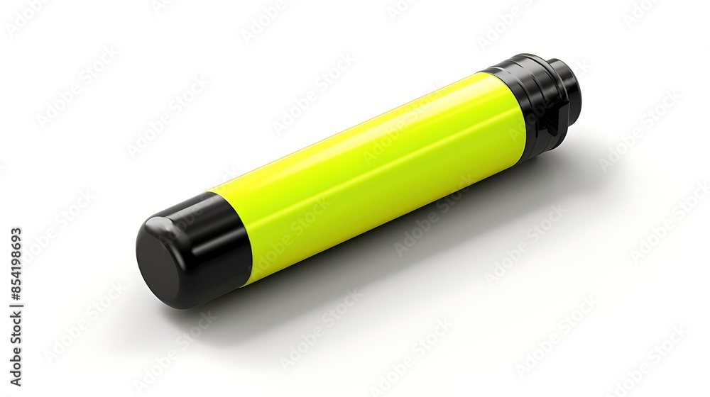 Poster 3d rendering of a yellow highlighter. the highlighter is lying on a white surface. the image is well