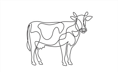 Continuous one line of cow in silhouette on a white background. Linear stylized.Minimalist.