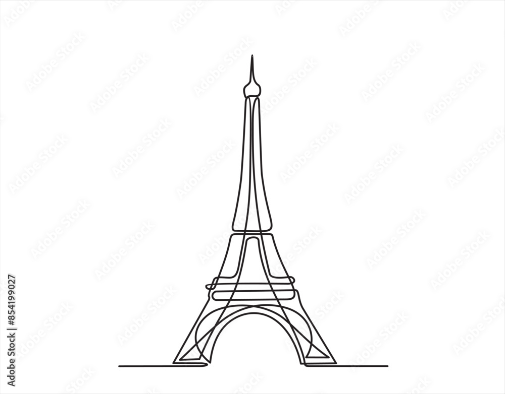 Poster eiffel tower continuous one line drawn. vector isolated on white.