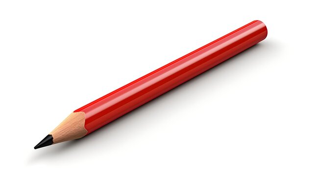 A simple red pencil on a white background. The pencil is sharpened and ready to use. It is a common writing and drawing tool.