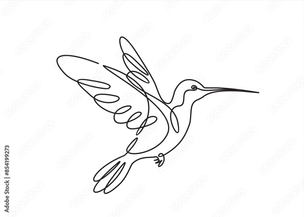 Wall mural Continuous one line drawing of colibri. Humming bird. Abstract flying bird outline vector illustration.