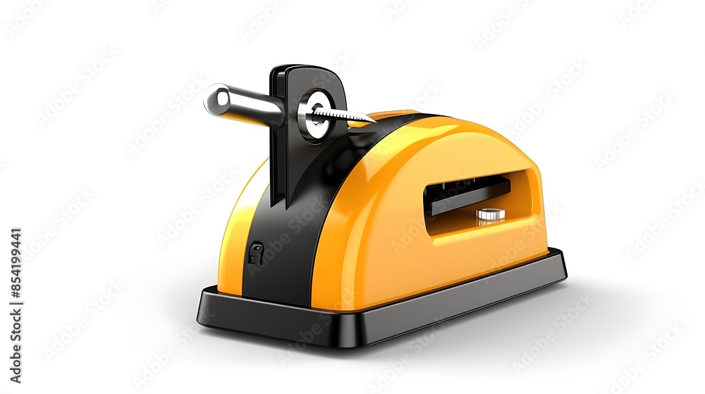 Poster 3d rendering of a yellow and black retro styled office tool for binding documents. isolated on white