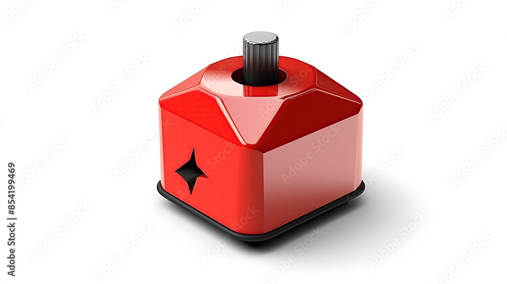 Poster 3d rendering of a red and black spinning top toy with a diamond-shaped hole on its side.