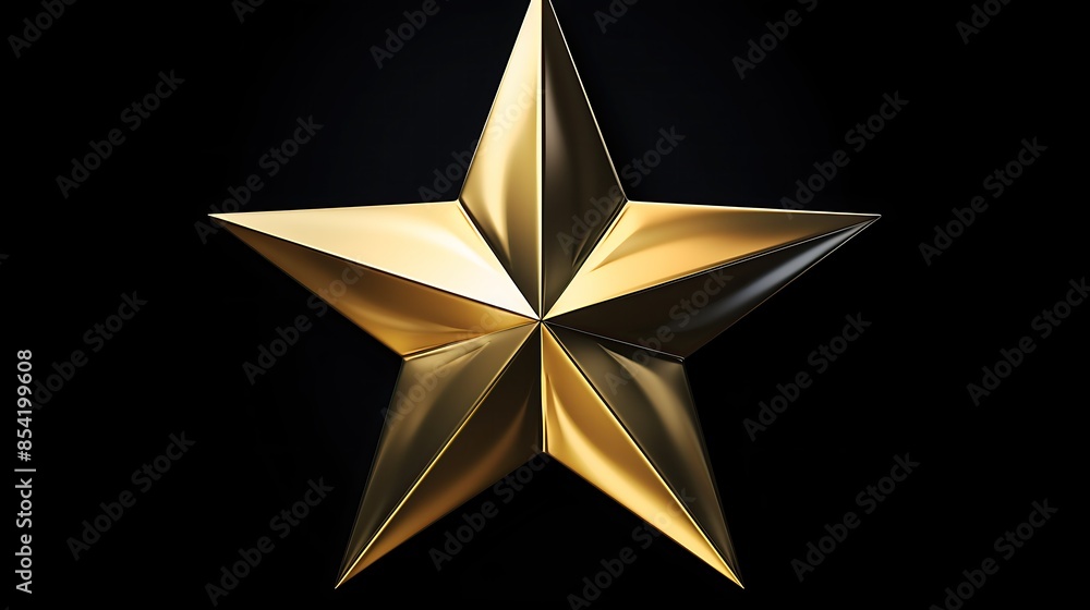 Poster a three-dimensional rendering of a gold star on a black background. the star is shiny and has a beve