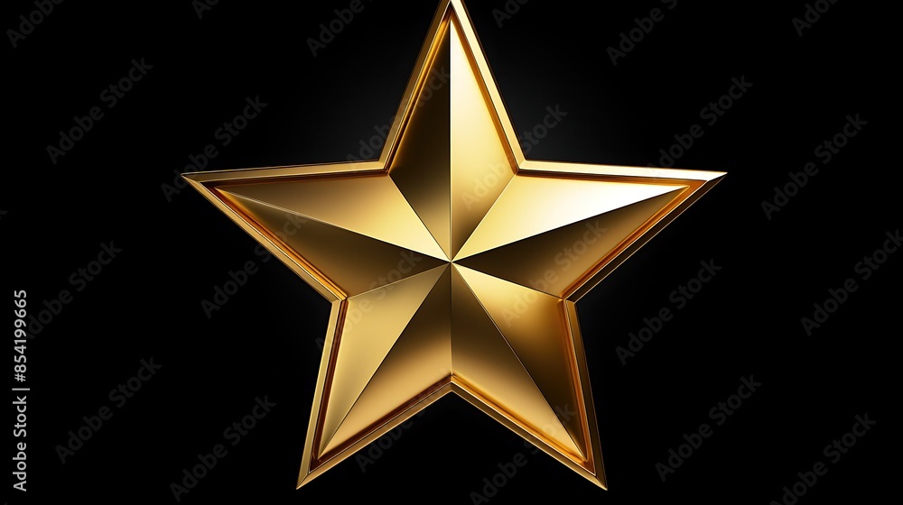 Poster a three dimensional rendering of a gold star on a black background. the star is shiny and has five p