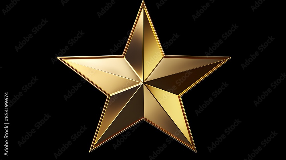 Poster a three-dimensional rendering of a gold star on a black background. the star is shiny and has a beve