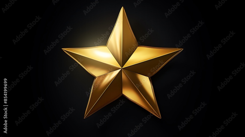 Poster a three-dimensional rendering of a gold star on a black background. the star is shiny and has a beve