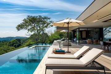 The luxury home's poolside area, characterized by its contemporary design, offers a tranquil escape from the hustle and bustle of everyday life