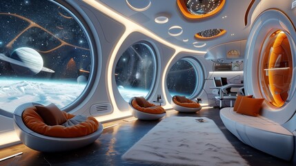 Futuristic Spacecraft Lounge Interior with Orange Chairs, Large Circular Windows, and View of Saturn-Like Planet in Sci-Fi Environment