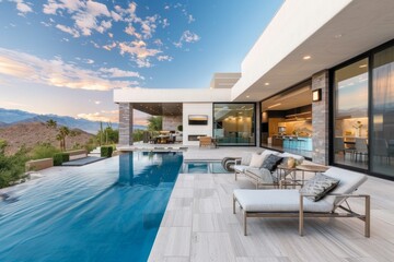 Fototapeta premium Nestled in the heart of the luxury home, the poolside area showcases a modern design that epitomizes sophistication and style