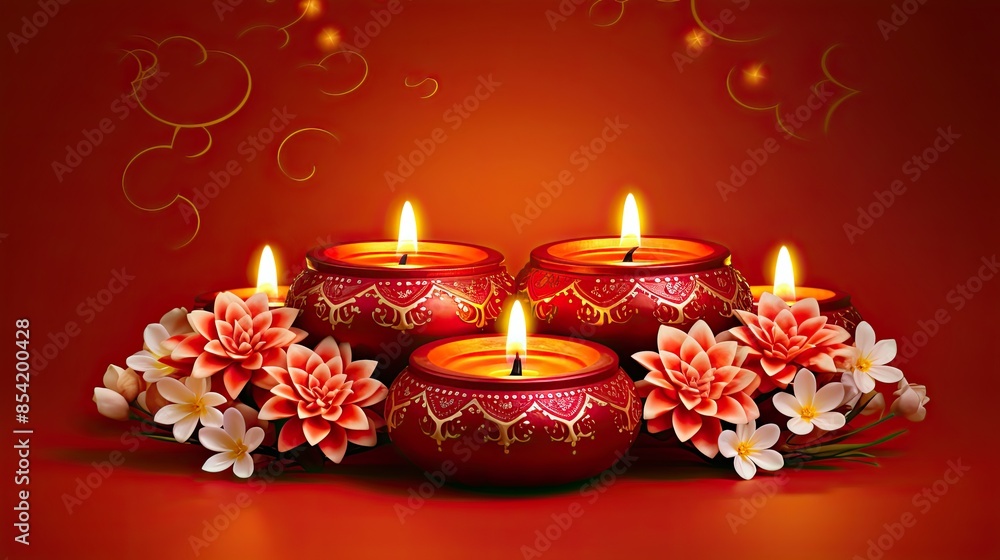 Poster this is a beautiful image of four lighted candles. the candles are arranged in a row on a red backgr