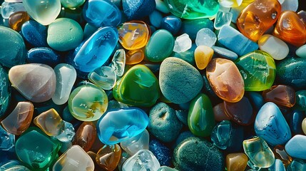 Colorful gemstones and polished sea glass scattered on a beach, featuring shiny green and blue...