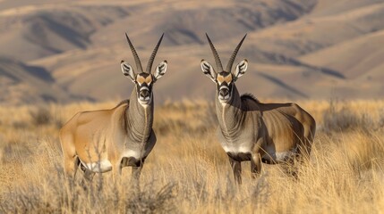 Obraz premium A captivating scene featuring two majestic antelopes standing side by side in a vast, dry savanna with rolling hills in the background