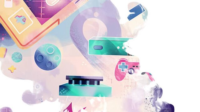 Gamification 1980s Vintage Background Illustration Ink Drop Reveal Intro Animation Video.