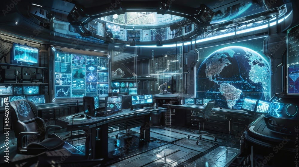 Poster a futuristic office with a large monitor displaying a planet