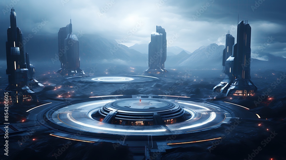 Poster the image is a dark and mysterious landscape with a large, futuristic city in the distance.