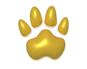 Gold 3d rendering of paw print of pet, dogs, cats and other animals. Concept of grooming, rescuing or caring for animals. Vector Illustration.