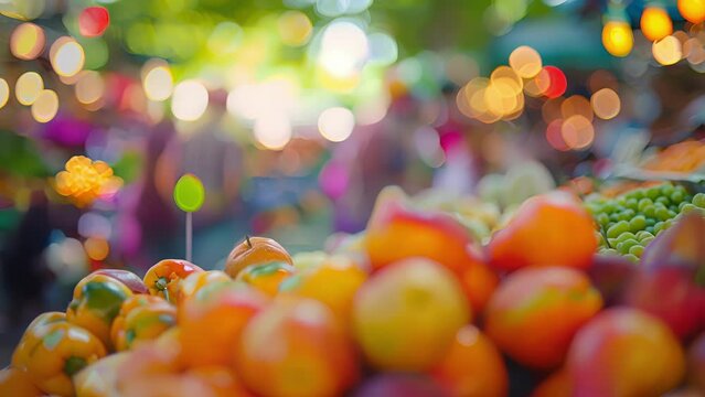 Distorted glimpse of a busy farmers market filled with bountiful produce.