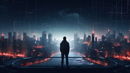 The dark figure of a man stands on a rooftop, looking out over a futuristic city. The city is a vast expanse of skyscrapers and lights.