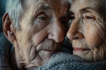 A close-up portrait of an elderly couple, their faces touching, expressing a deep and abiding love