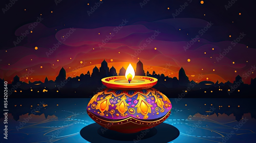 Poster a beautiful illustration of a glowing lantern with intricate patterns, placed on a reflective surfac
