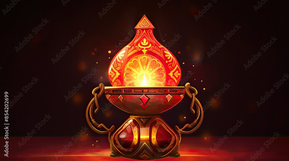 Poster ornate golden lantern with glowing red light. the lantern is decorated with intricate patterns and h
