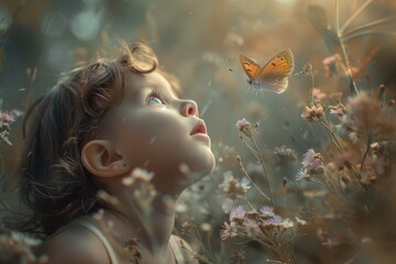 A young girl with curly hair gazes upwards at a butterfly, surrounded by wildflowers in a warm, sunlit meadow