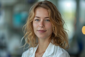 A captivating portrait of a young woman with wavy blonde hair, wearing a white shirt, smiling gently while standing in a softly blurred background, showing an aura of calm and confidence