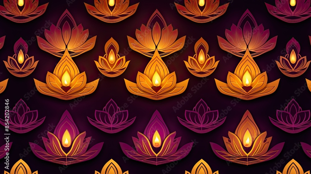 Poster a seamless pattern of lotus flowers in orange and purple. the flowers are arranged in a grid pattern