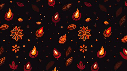 A beautiful seamless pattern with a dark background and colorful floral and leaf motifs.