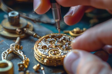 A close-up image of a watchmaker meticulously assembling the intricate gears and mechanisms of a high-end watch