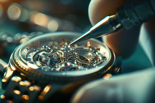 A watchmaker meticulously works on the intricate inner workings of a mechanical wristwatch. The image captures the detail and precision required for this delicate craft