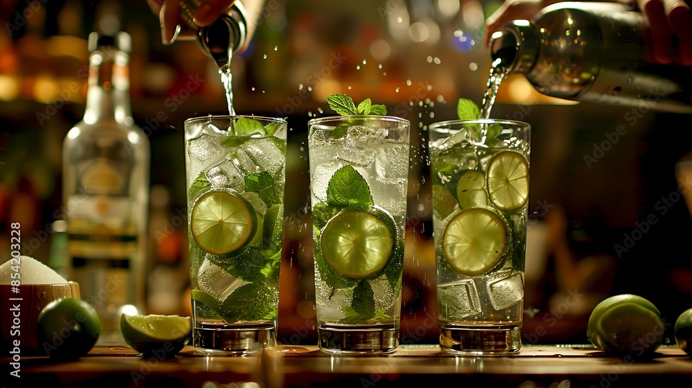 Sticker Refreshing mojitos being served in a dimly lit bar setting. Three glasses filled with lime, mint, and ice being poured into. Perfect image for beverage, nightlife, and cocktail stock photos. AI